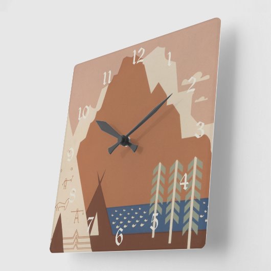 モンタナ州:インディアン部族、山、プレーリー スクエア壁時計 (傾斜)