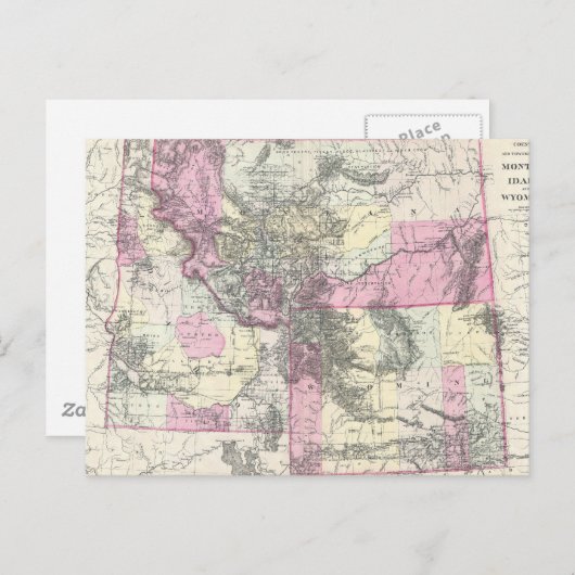 モンタナ、ワイオミングおよびアイダホのヴィンテージの地図（1884年） ポストカード (正面/裏面)