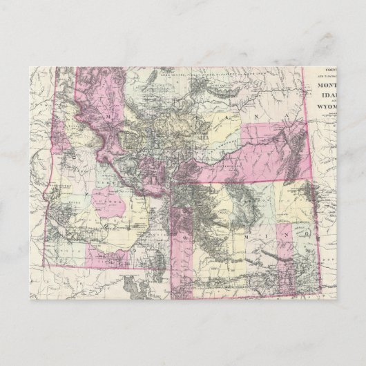 モンタナ、ワイオミングおよびアイダホのヴィンテージの地図（1884年） ポストカード (正面)