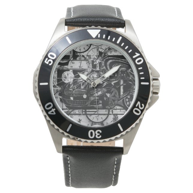 モンタージュのインクスケッチ – スポーツカーのセンターピース。 腕時計 (正面)