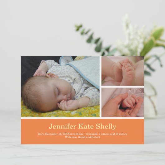 モンタージュ3の写真のオレンジベビーの誕生の発表 案内状 (スタンド正面)