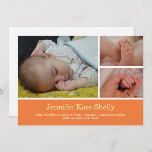 モンタージュ3の写真のオレンジベビーの誕生の発表 案内状 (正面/裏面)