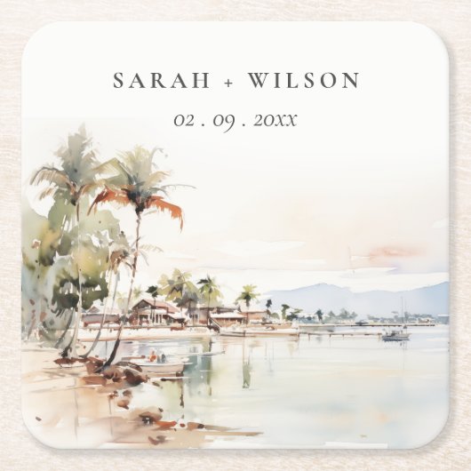 モンテゴベイジャマイカ水彩風景結婚ズ スクエアペーパーコースター (正面)