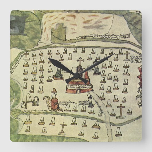 モンテズーマの古代アステカ帝国、1577年の世界地図 スクエア壁時計 (正面)