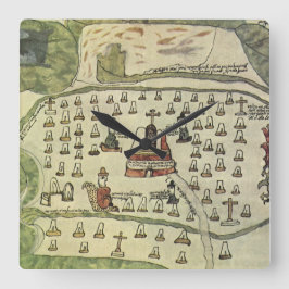 モンテズーマの古代アステカ帝国、1577年の世界地図 スクエア壁時計