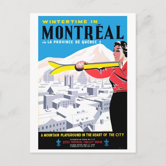 モントリオールの冬、スキー用具を持つ女性 ポストカード (正面)