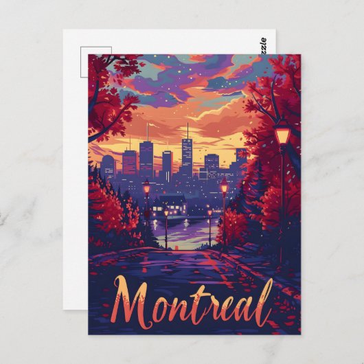 モントリオールの夜：シティライトと紫の雲 ポストカード (正面/裏面)