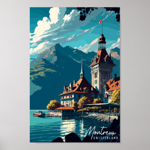 モントルーススイスヴィンテージ旅行イラストレーション ポスター