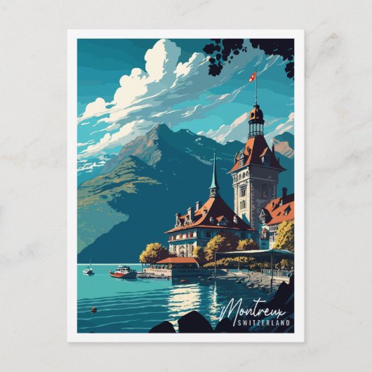 モントルーススイスヴィンテージ旅行イラストレーション ポストカード (正面)