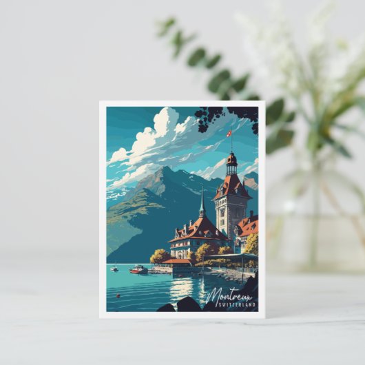 モントルーススイスヴィンテージ旅行イラストレーション ポストカード (スタンド正面)