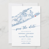 モントークロング島の地図ミニマルネイビモダンーブルー セーブザデート (正面)