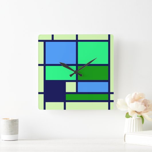 モンドリアンのスタイルのデザインの青緑 スクエア壁時計 (ホーム)