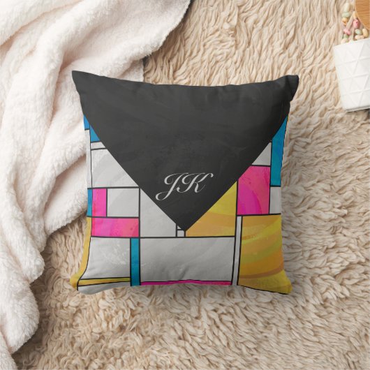 モンドリアンイエローピンクブループリント クッション (ブランケット)