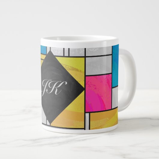 モンドリアンイエローピンクブループリント ジャンボコーヒーマグカップ (正面右)