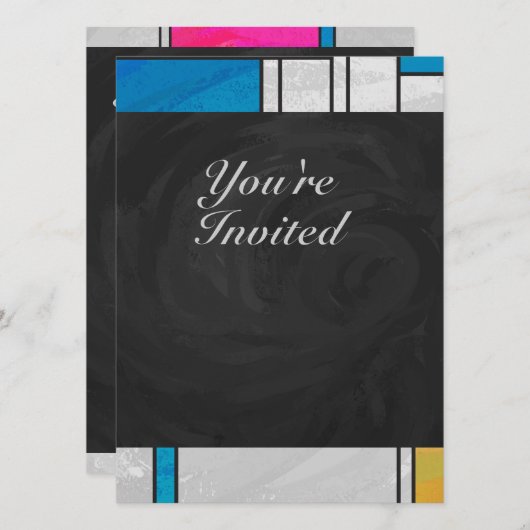 モンドリアンイエローピンクブループリント 招待状 (正面/裏面)