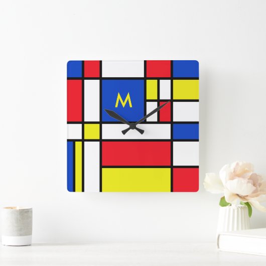 モンドリアンインスパイア幾何デザイン抽象芸術アート スクエア壁時計 (ホーム)