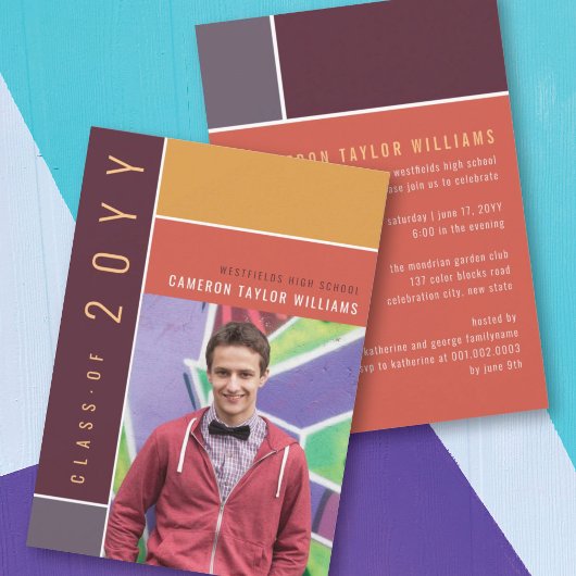 モンドリアンカラーブロックモダン写真卒業パーティー 招待状