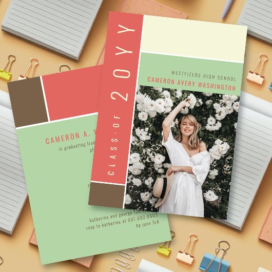 モンドリアンカラーブロックモダン写真卒業パーティー 招待状