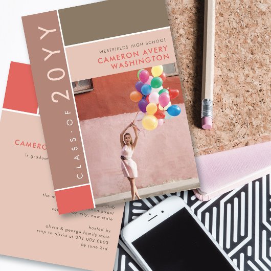 モンドリアンカラーブロックモダン写真卒業パーティー 招待状