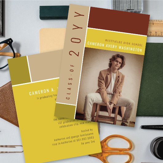 モンドリアンカラーブロックモダン写真卒業パーティー 招待状