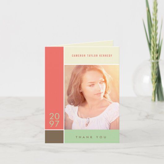 モンドリアンシンプルカラーブロック卒業写真 サンキューカード (正面)