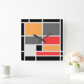 モンドリアンスタイルデザインオレンジレッドブラックグレー スクエア壁時計 (ホーム)