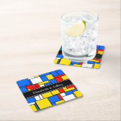 モンドリアンスタイルレッドブルーイエローブラックネームモノグラム スクエアペーパーコースター (インサイチュ)