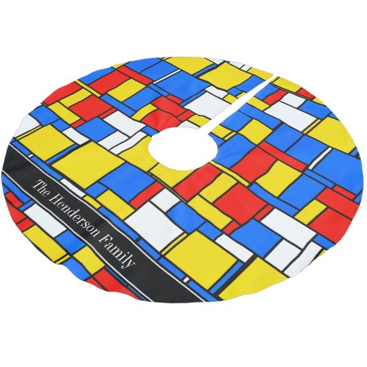 モンドリアンスタイルレッドブルーイエローブラックネームモノグラム ブラッシュドポリエステルツリースカート (アングル)