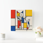 モンドリアンスタイル幾何学模様の猫抽象ポップアート スクエア壁時計 (ホーム)