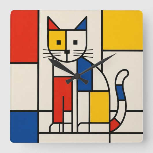 モンドリアンスタイル幾何学模様の猫抽象ポップアート スクエア壁時計 (正面)
