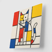 モンドリアンスタイル幾何学模様の猫抽象ポップアート スクエア壁時計 (傾斜)