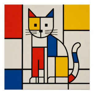 モンドリアンスタイル幾何学模様の猫抽象ポップアート ポスター
