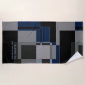 モンドリアンスタイル抽象芸術パタモダンーンブラックネイビー ビーチタオル (正面)