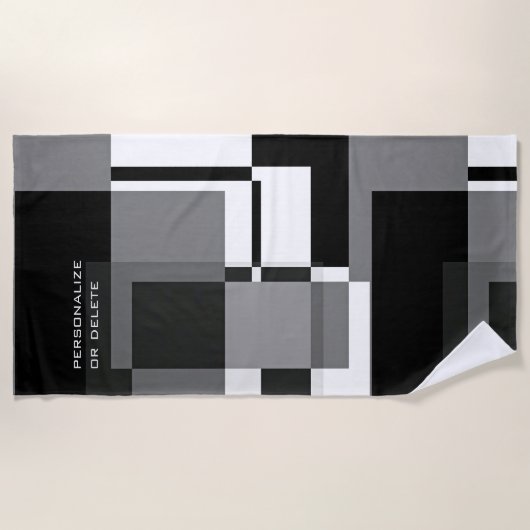 モンドリアンスタイル抽象芸術モダンパターン白黒 ビーチタオル (正面)