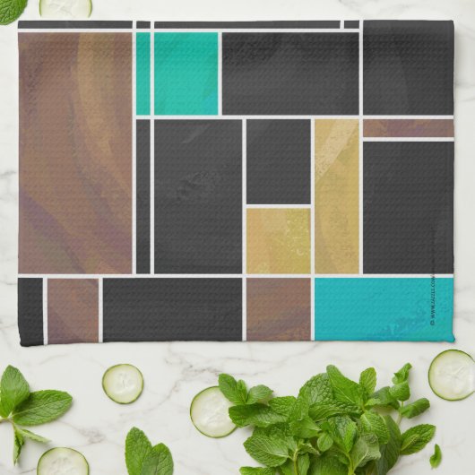 モンドリアンティール(緑がかった色)ブラウンブラックプリント キッチンタオル (折り畳み)