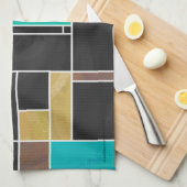 モンドリアンティール(緑がかった色)ブラウンブラックプリント キッチンタオル (四つ折り)