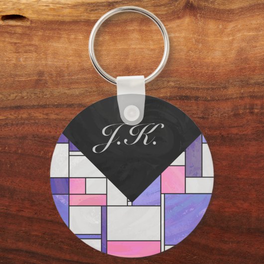 モンドリアンピンクパープルホワイトプリント キーホルダー (正面)