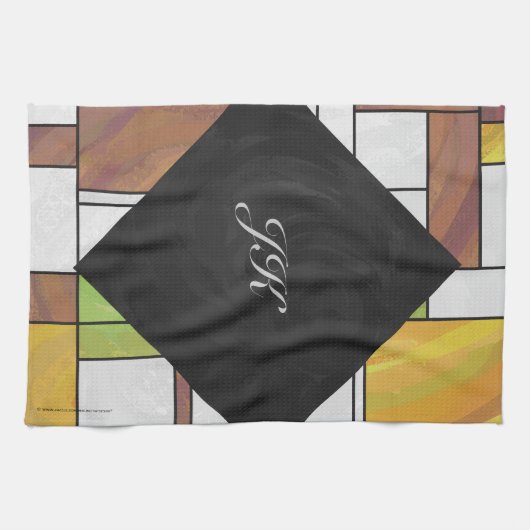 モンドリアンブラウンイエローグリーンプリント キッチンタオル (横)