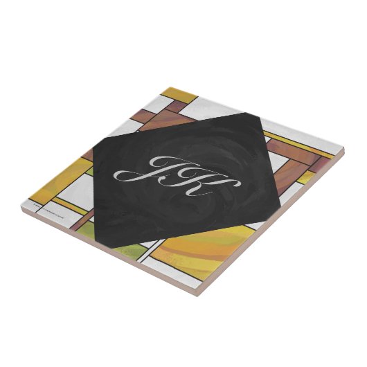 モンドリアンブラウンイエローグリーンプリント タイル (側面)