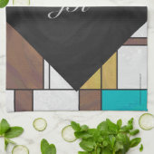 モンドリアンブラウンイエローティール（緑がかった色）プリント キッチンタオル (折り畳み)