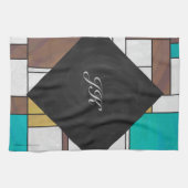 モンドリアンブラウンイエローティール（緑がかった色）プリント キッチンタオル (横)