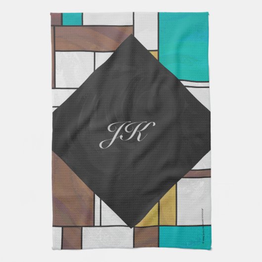 モンドリアンブラウンイエローティール（緑がかった色）プリント キッチンタオル (縦)