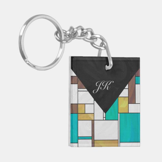 モンドリアンブラウンイエローティール(緑がかった色)プリント キーホルダー (正面左)