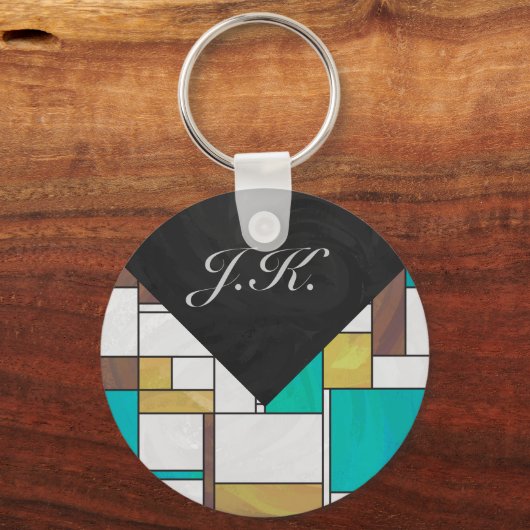 モンドリアンブラウンイエローティール(緑がかった色)プリント キーホルダー (正面)