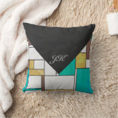 モンドリアンブラウンイエローティール（緑がかった色）プリント クッション (ブランケット)