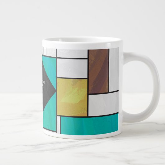 モンドリアンブラウンイエローティール(緑がかった色)プリント ジャンボコーヒーマグカップ (右)