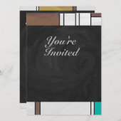 モンドリアンブラウンイエローティール(緑がかった色)プリント 招待状 (正面/裏面)