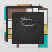 モンドリアンブラウンイエローティール(緑がかった色)プリント 招待状 (正面/裏面)