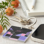 モンドリアン パープル ピンク ブラック プリント キーホルダー (正面右)