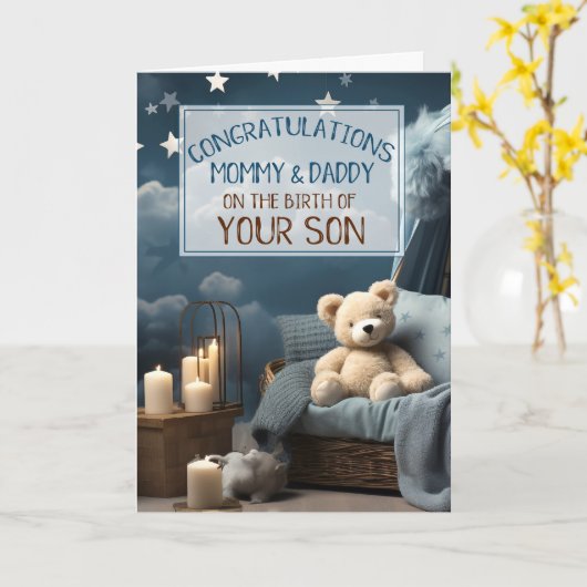 モンマイダディーブルー新生児おめでとう カード (黄色い花)